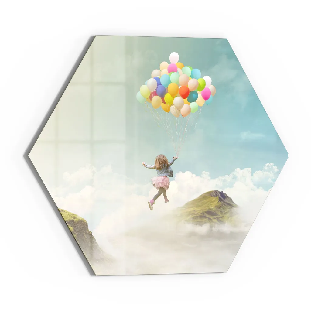 DEQORI Magnettafel Glas 55x48 cm 6-eckig 'Mädchen an Luftballons' beschreibbar Whiteboard